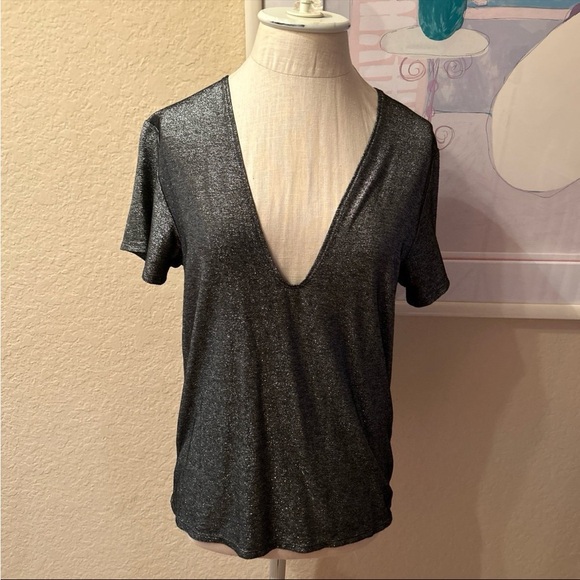 Reformation Glittery Gray Deep V Neckine Short Sleeve Shirt - Picture 1 of 7